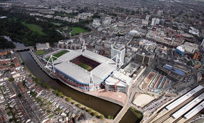 Aerial view of Principality Stadium in Cardiff, showing the iconic stadium structure and its location in the heart of the city centre.
